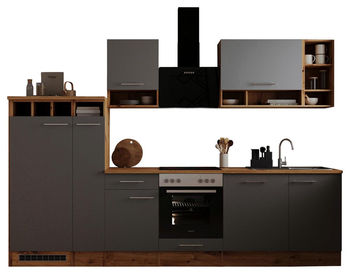 Küchenzeile Economy Mit Geräten 310 cm Grau/Wildeiche - Wildeiche/Grau, Basics, Holzwerkstoff (310cm) - Respekta