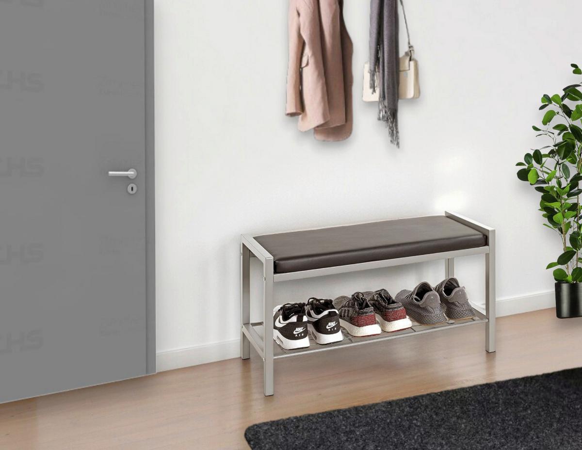 Garderobenbank Bench B: 80 cm gepolstert + Ablage Schwarz - Alufarben/Schwarz, Basics, Textil/Metall (80/48/32cm) - Carryhome