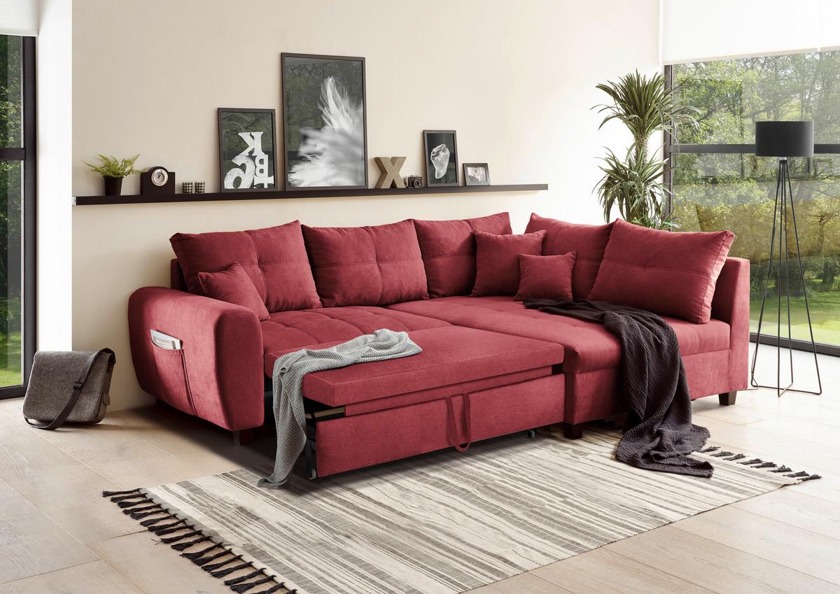 Ecksofa Mit Schlaffunktion + Kissen Lea, Polyester-Nylon - Beere/Schwarz, Basics, Holzwerkstoff/Textil (248/176cm) - MID.YOU