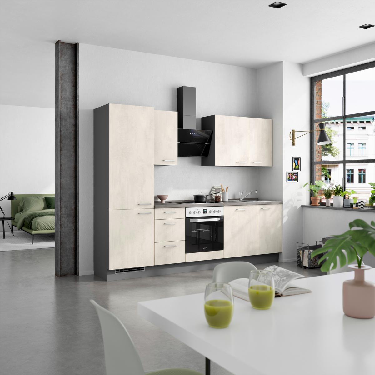 Kuchynská linka 270CM biely betón/ bridlicová šedá - biela/farba ušľachtilej ocele, Modern, kov/kompozitné drevo (270cm) - Nobilia