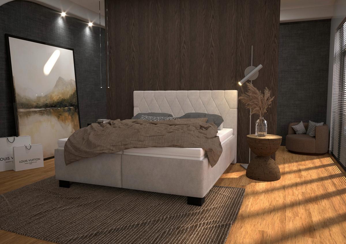 Čalúnená posteľ FERAMA 180x200 cm, béžová - čierna/prírodná farba, Modern, drevo/textil (180/200cm)