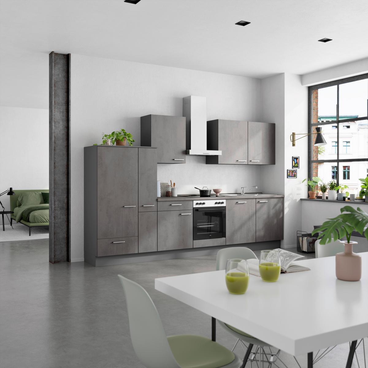 Kuchynská linka 330 cm, bridlicový šedý beton - farba ušľachtilej ocele/bridlicová, Modern, kov/kompozitné drevo (330cm) - Nobilia