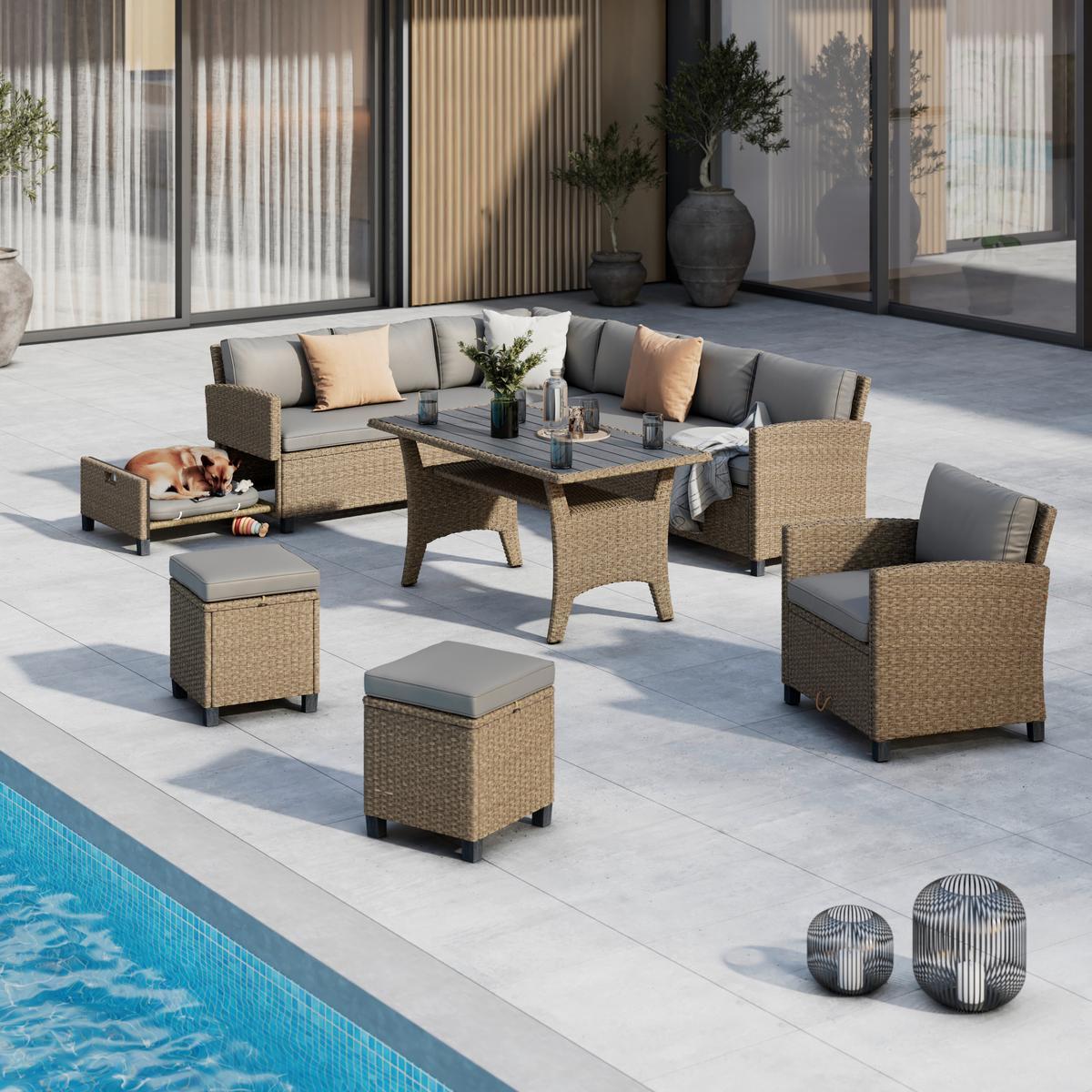 Loungegarnitur Porto-multi Metall, Kunststoff Rattan-Look - Hellbraun/Grau, MODERN, Kunststoff/Textil (237/190/73.5cm) - Beldano