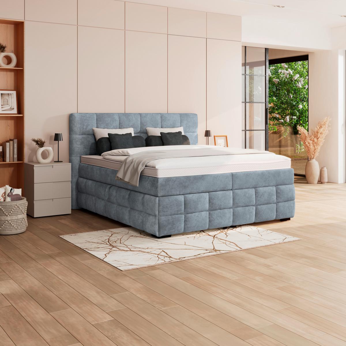 Čalouněná postel VEGA 180x200 cm, světle modrá - černá/světle modrá, Trend, dřevo/textil (180/200cm)