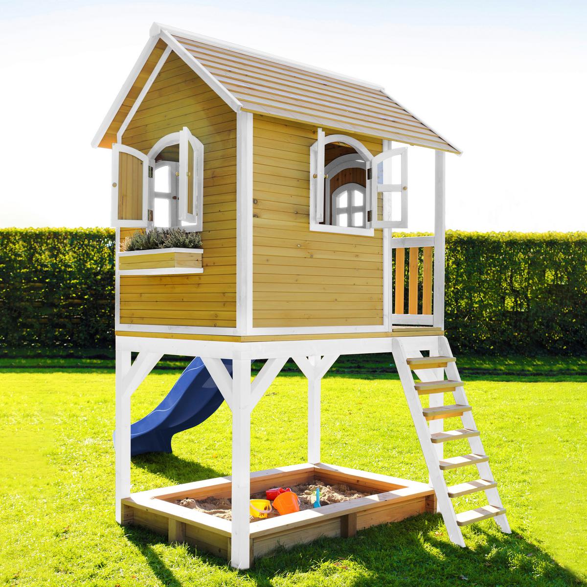 Spielhaus Sarah Blau/braun/weiß B: 370 Cm - Blau/Braun, KONVENTIONELL, Holz/Kunststoff (370/291/191cm) - Ambia Garden