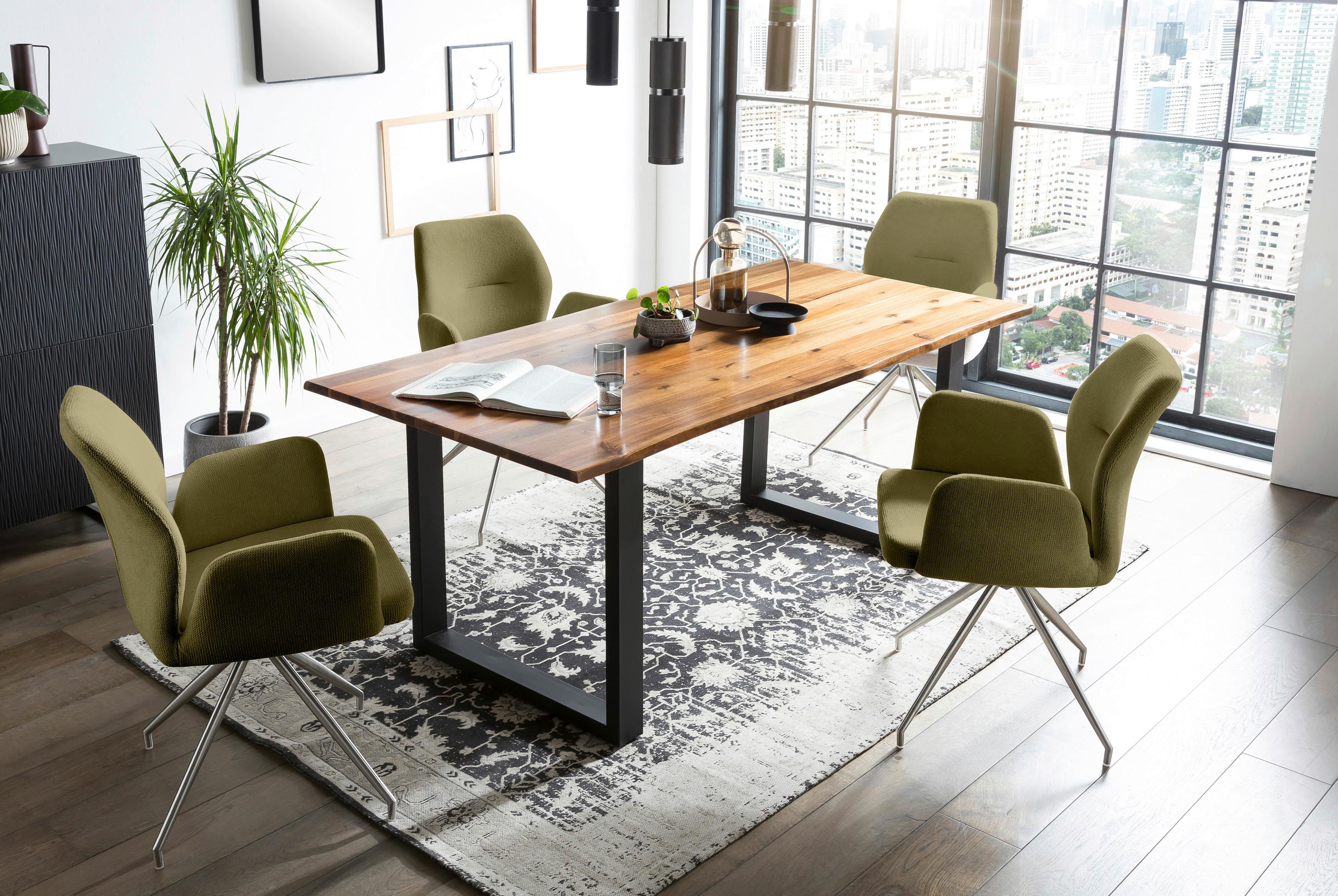 Tischgruppe Grün/Cognac L: 160cm - Cognac/Silberfarben, MODERN, Holz/Textil (160/85/77cm) - Livetastic