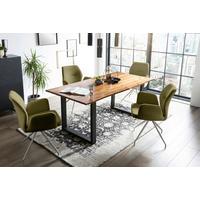 Tischgruppe Grün/Cognac L: 160cm - Cognac/Silberfarben, MODERN, Holz/Textil (160/85/77cm) - Livetastic