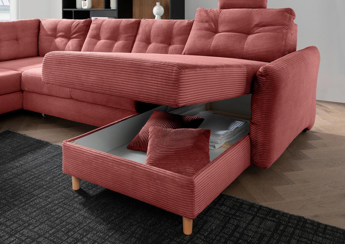 Wohnlandschaft Brizzini mit Schlaffunktion, Koralle - Koralle/Naturfarben, MODERN, Textil (206/338-352/176cm) - Livetastic