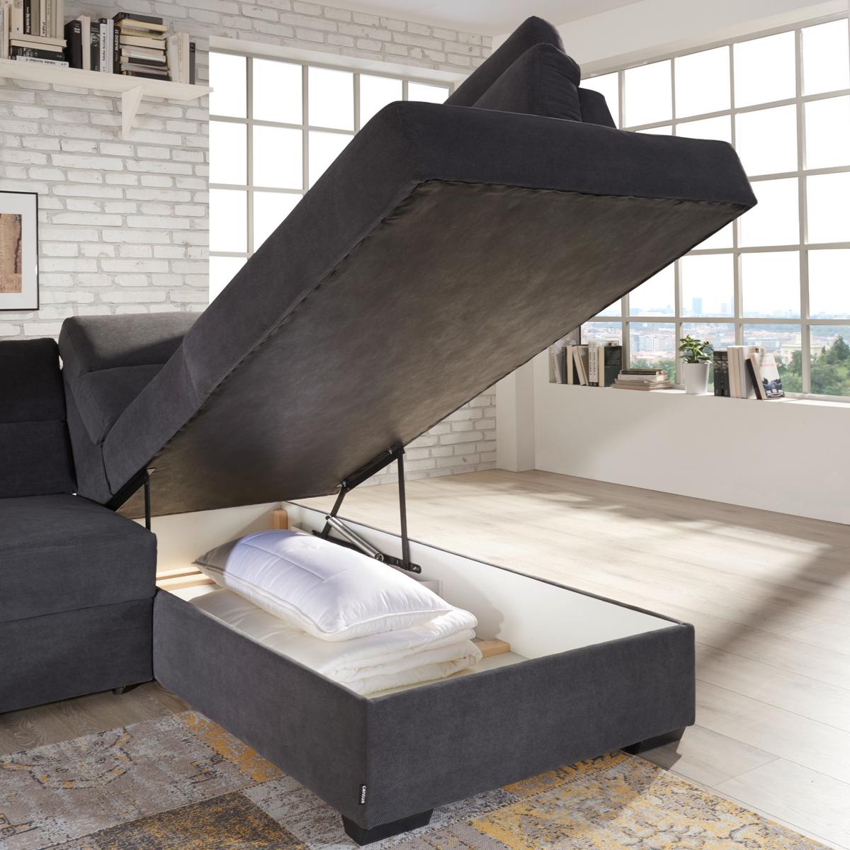 Ecksofa Norman - Anthrazit/Dunkelbraun, Design, Textil (166/319/183cm) - Livetastic