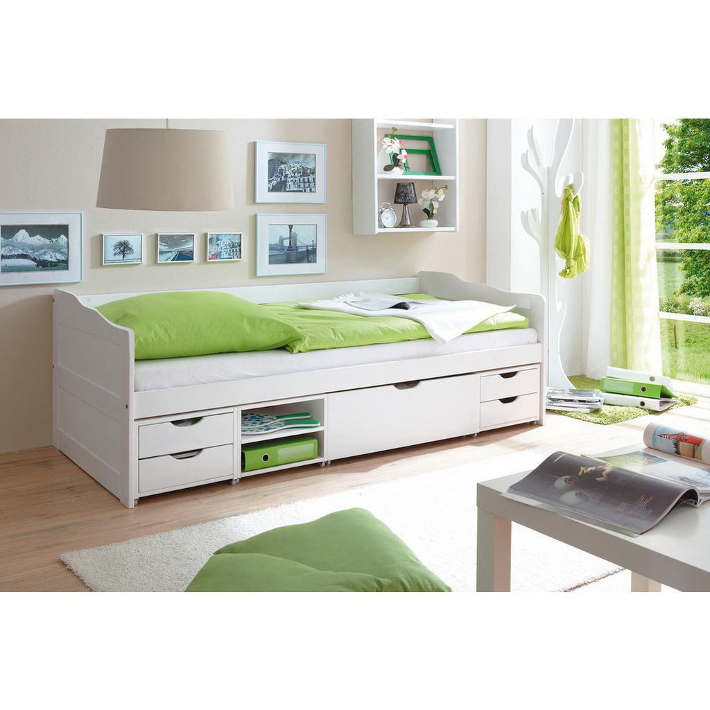 Stauraumbett Echtholz massiv 90x200 Marlies Weiß Kiefer