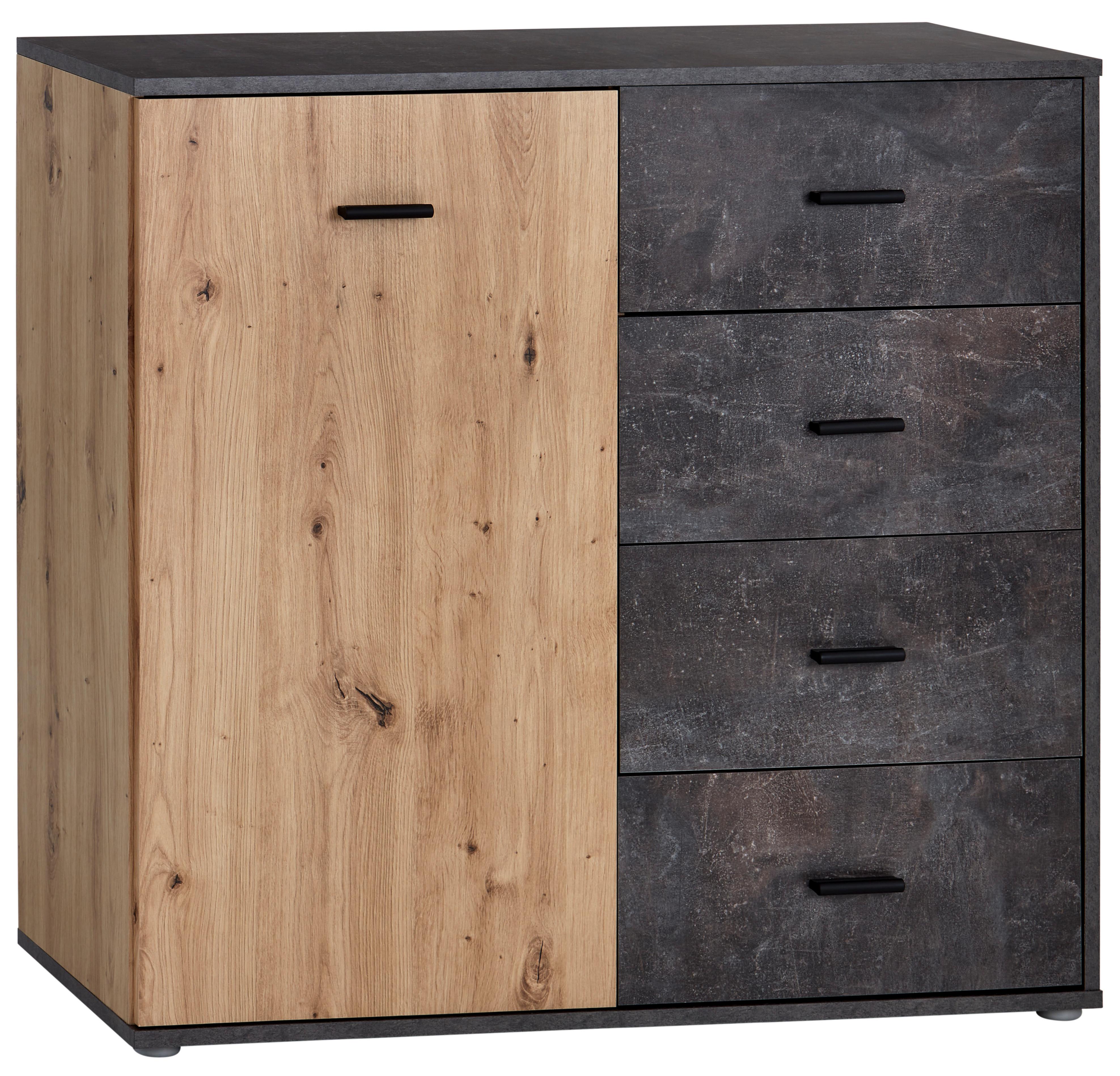 Kommode B: 96 cm Tim, Betonoptik dunkel/Eiche Dekor - Eichefarben/Grau, MODERN, Holzwerkstoff (96/90,2/38cm)