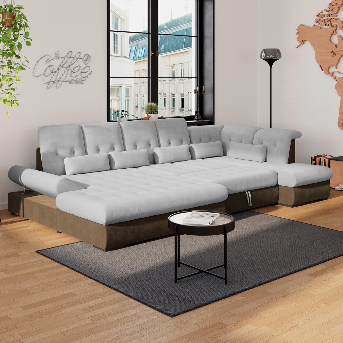 Wohnlandschaft Madera Silberfarben S 358x312 cm - Hellbraun/Silberfarben, KONVENTIONELL, Kunststoff/Textil (190/358/212cm)