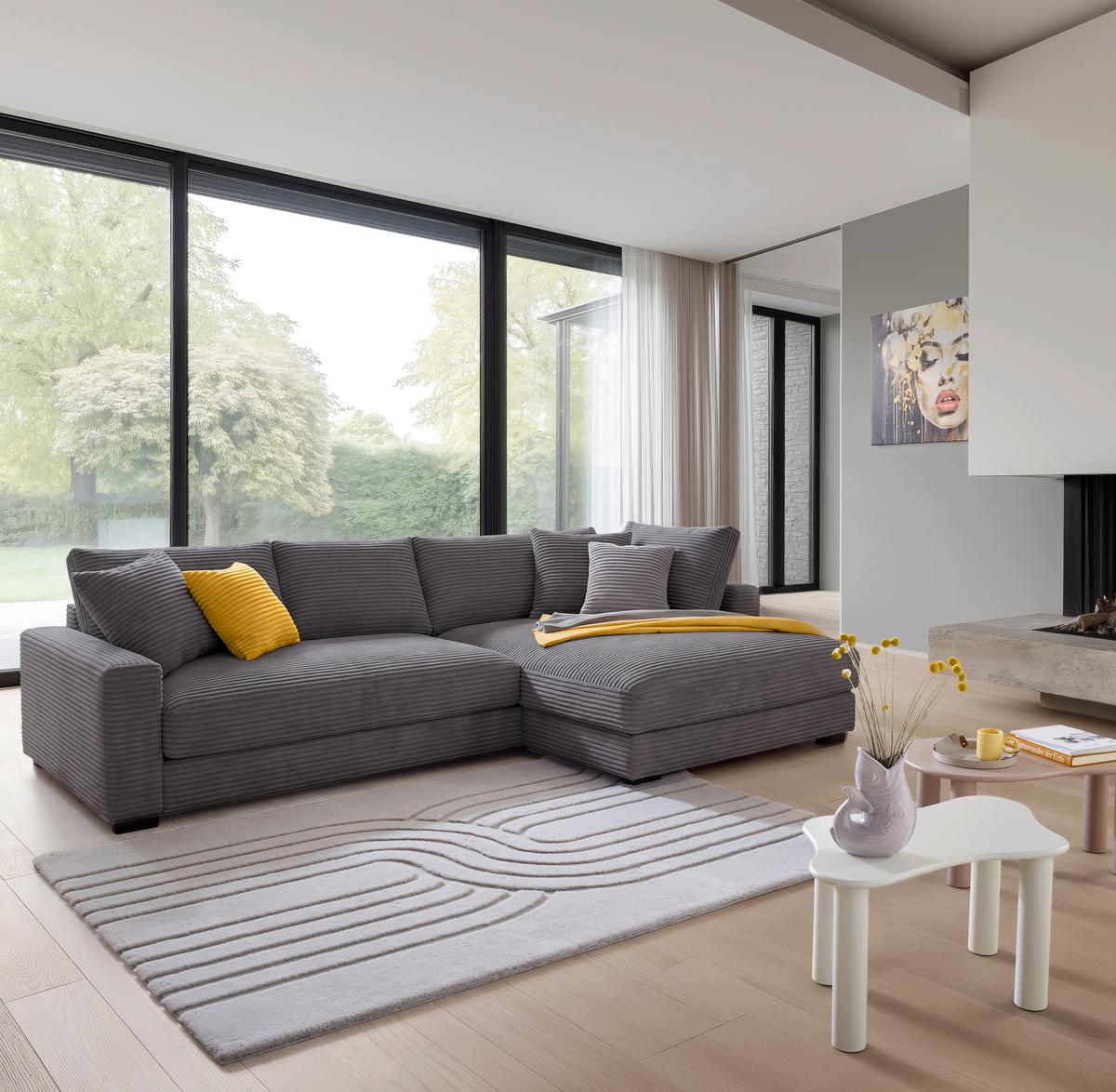 Rohová sedačka PEDRO, pravá, šedý manšestr - šedá/černá, Moderní, textil/plast (300/190cm) - Mömax