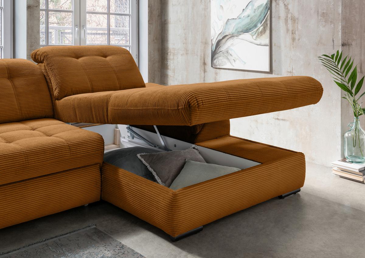 Ecksofa mit Bettkasten Rigatti Goldfarben 314x184 cm - Goldfarben/Schwarz, MODERN, Textil (314/184cm) - Livetastic