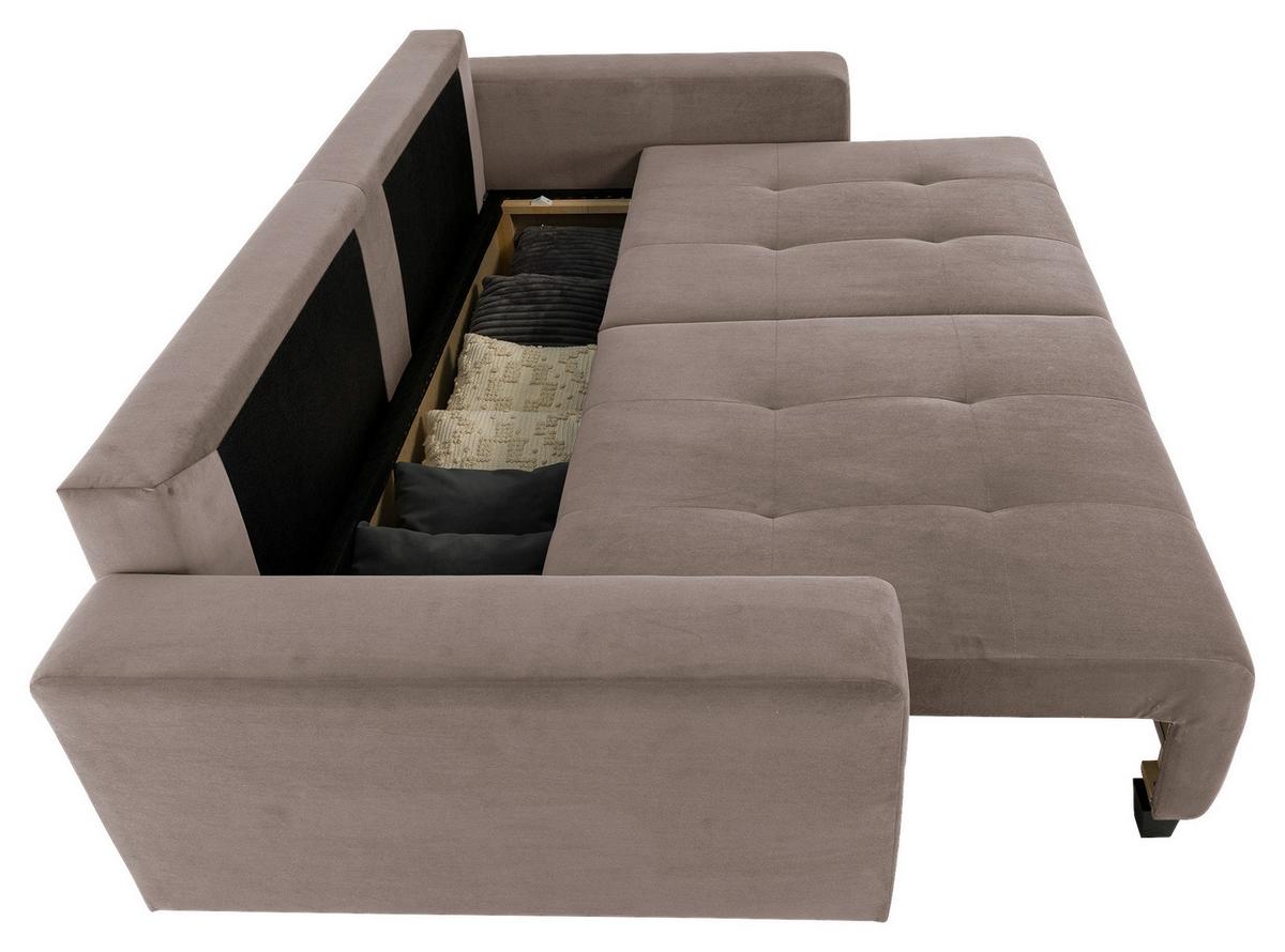 Ecksofa mit Bettfunktion Lily Velours taupe, 240x119cm - Taupe/Schwarz, Trend, Holz/Holzwerkstoff (240/119cm) - Luca Bessoni