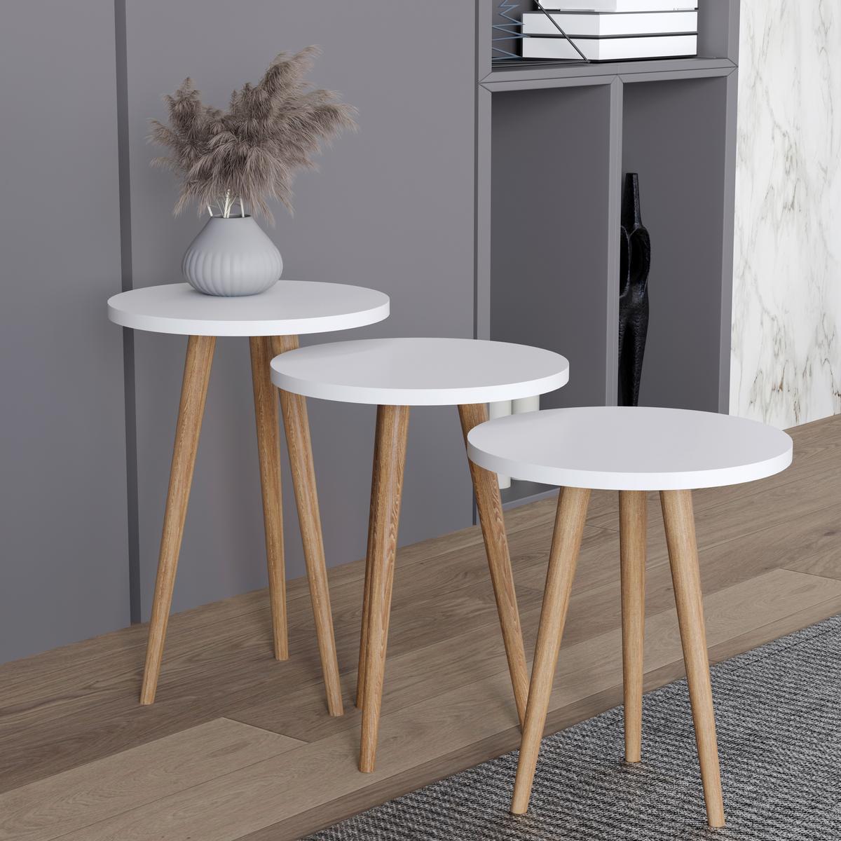 Beistelltischset Barilo Weiß, Honigeiche Dekor 3--teilig - Honigeiche/Weiß, Design, Holzwerkstoff (34/34/42-47-52cm) - MID.YOU
