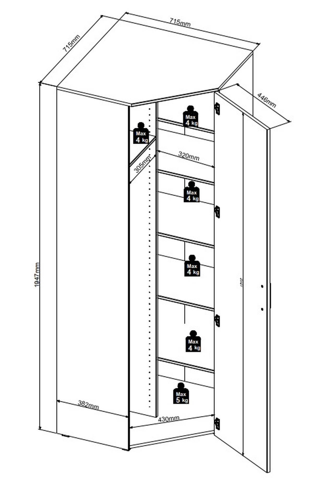 Rohová skriňa MULTISTAURAUM, š: 71,5 cm - čierna/biela, Modern, kompozitné drevo/plast (71,5/195/71,5cm)