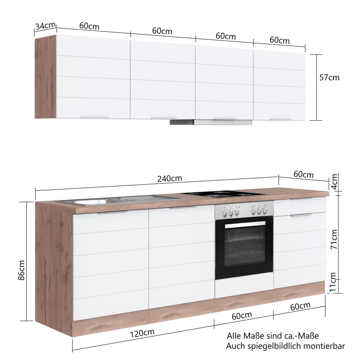 Küchenzeile Florenz ohne Geräte B: 240 cm Grau/Eiche - Eiche Wotan/Weiß, Design, Holzwerkstoff (240cm) - Held