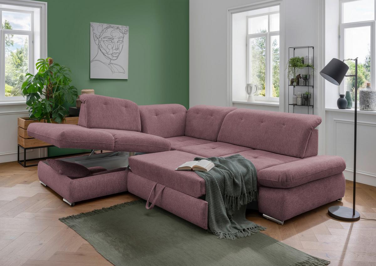 Ecksofa mit Schlaffunktion Dalida Brombeere Chenille - Chromfarben/Brombeere, Design, Textil (254/280cm) - Livetastic