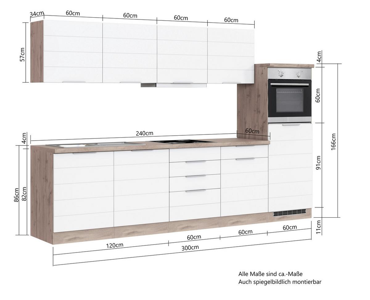 Küchenzeile Florenz ohne Geräte 300 cm Weiß/Eichef. - Eiche Wotan/Weiß, Design, Holzwerkstoff (300cm) - Held
