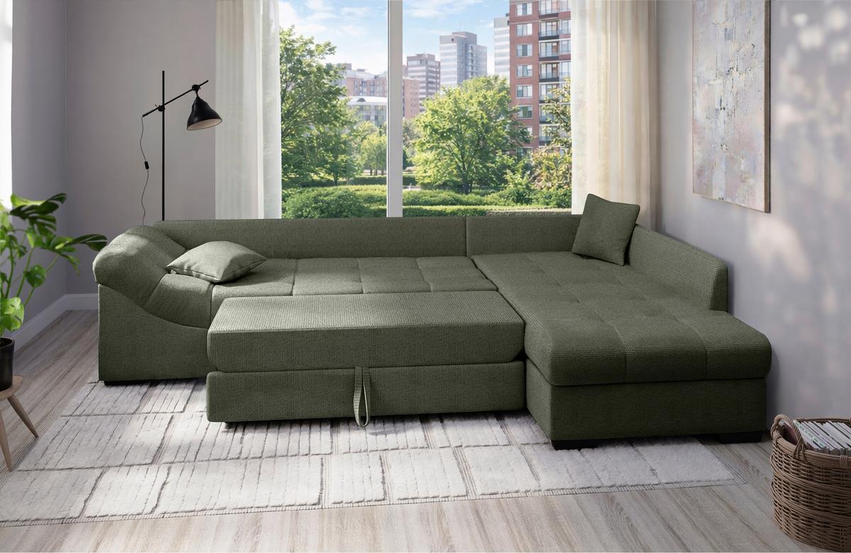 Eckschlafsofa Alvito Dunkelgrün S: 298x202cm - Dunkelgrün/Schwarz, MODERN, Textil (298/202cm) - MID.YOU