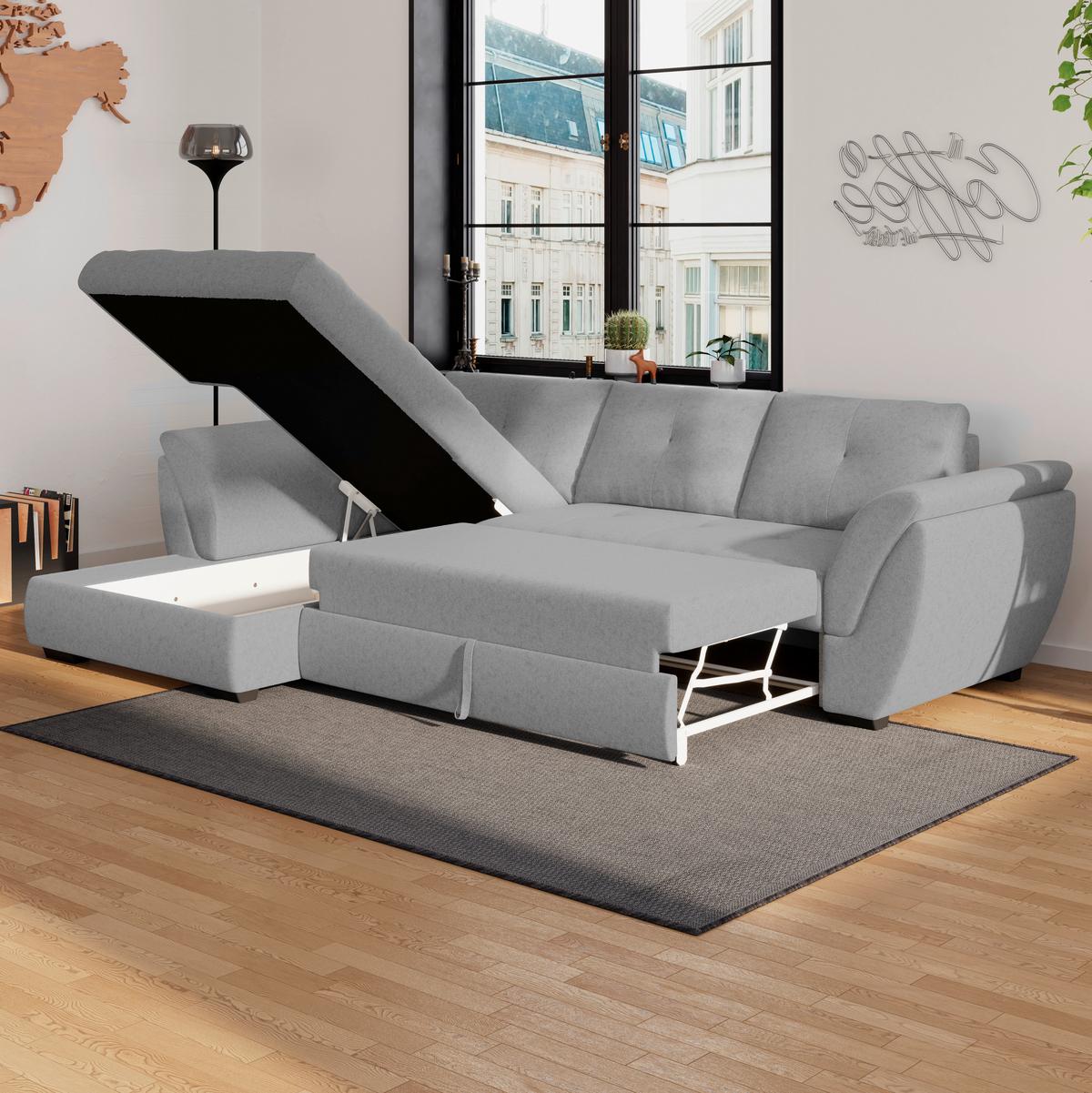 Ecksofa mit Schlaffunktion + Bettkasten Berisso Webstoff - Schwarz/Grau, Design, Textil (187/278cm) - Ondega