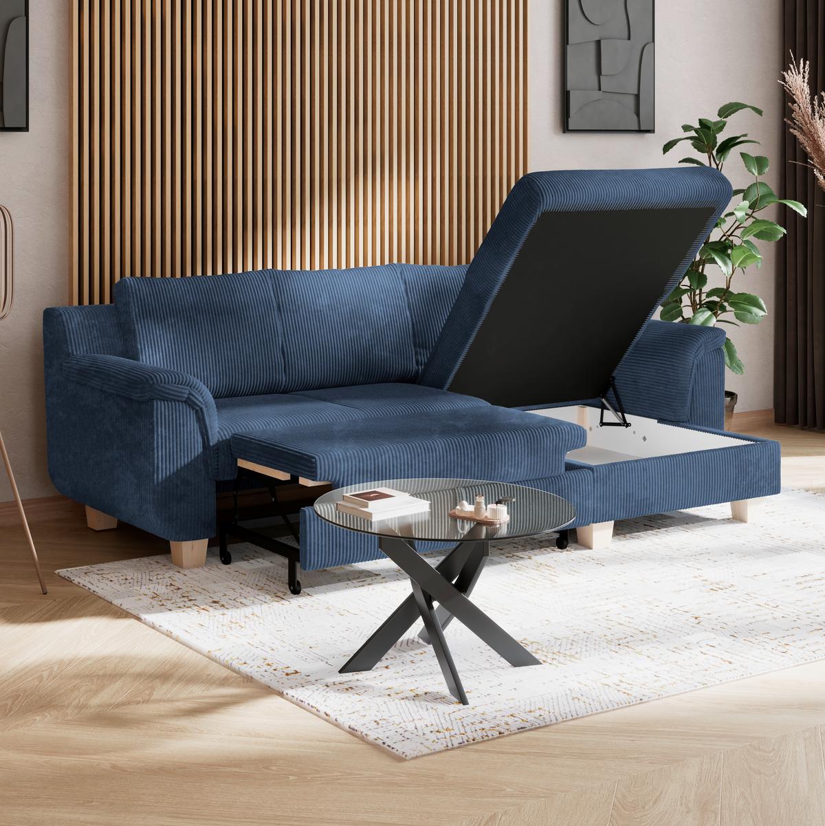 Rohová sedačka ALEX, tmavě modrý manšestr - přírodní barvy/tmavě modrá, Moderní, textil/plast (246/88cm)
