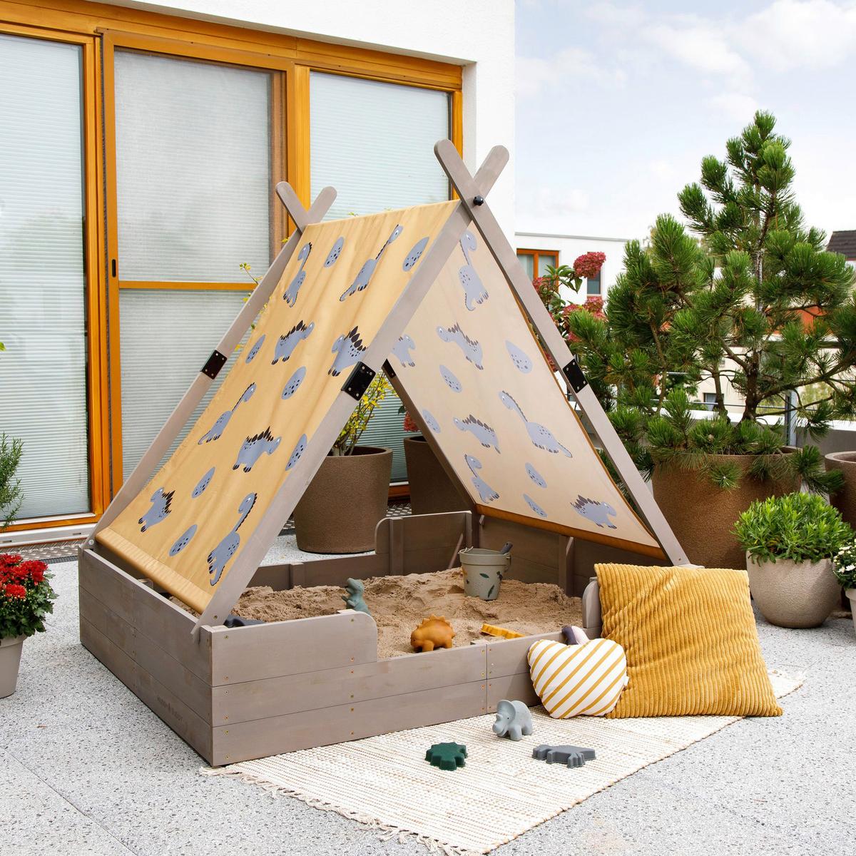 Sandkasten Dino Lover Holz, LxBxH: 140x120x140 cm - Grau, Basics, Holz (140/120/140cm) - MUDDY BUDDY