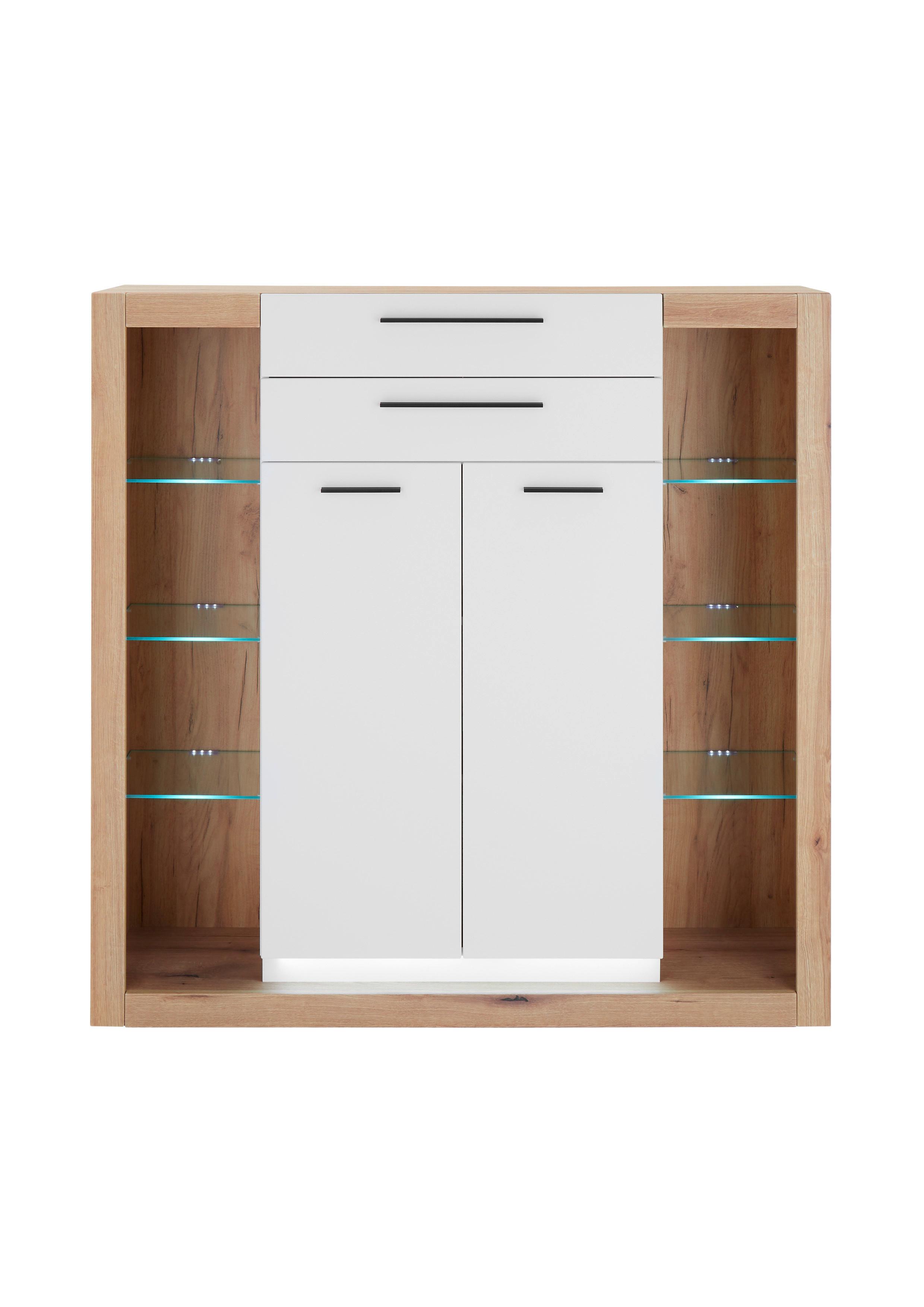 Highboard Brixen Weiß/Eichefarben B: 141cm - Eichefarben/Weiß, Design, Glas/Holzwerkstoff (141/139/37cm) - MID.YOU