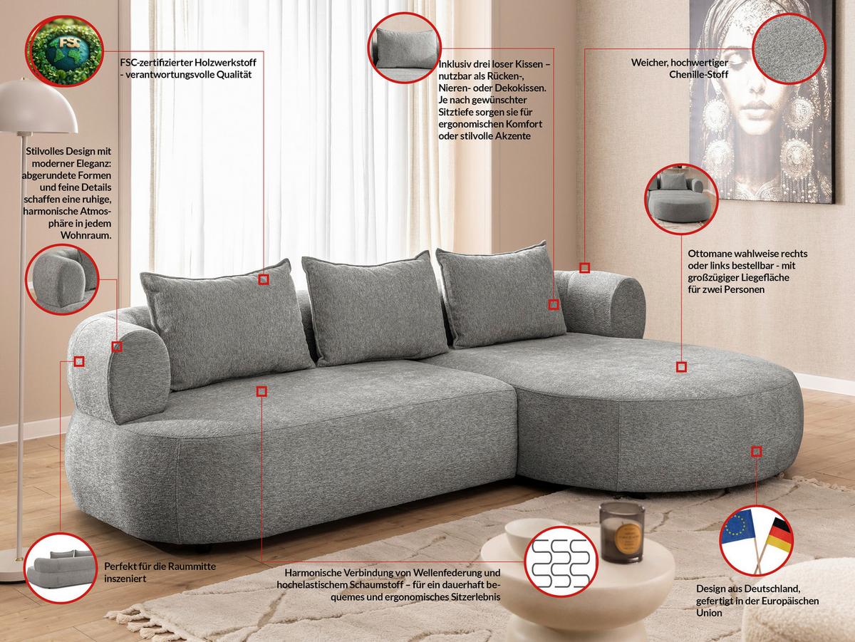 Ecksofa Ferro Grau S: 256x156 cm - Schwarz/Grau, Design, Textil (256/156cm) - Livetastic