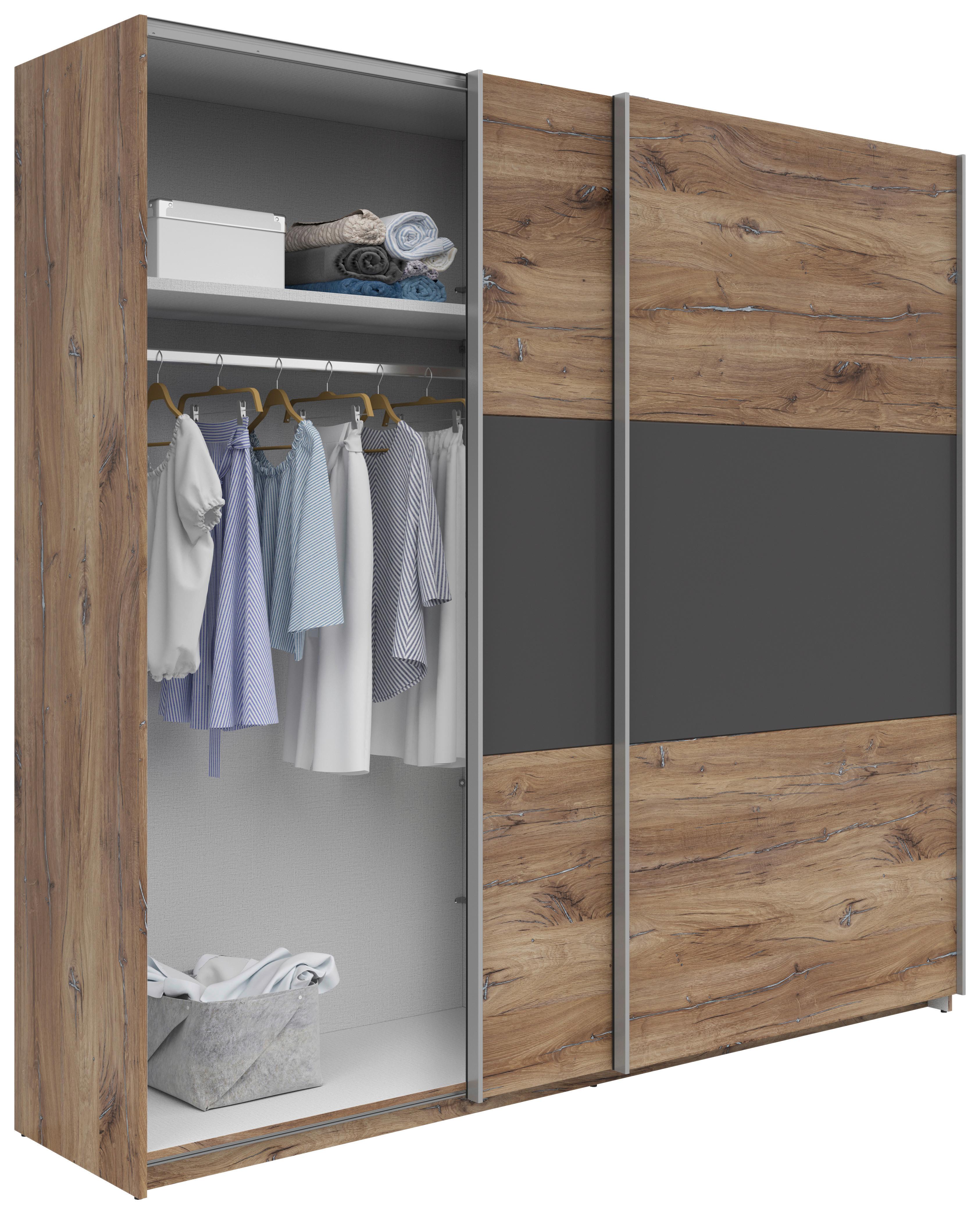 Schwebetürenschrank 218 cm Saturn Weiß Dekor - Eiche dunkel/Eichefarben, KONVENTIONELL, Holzwerkstoff (218/210/59cm)