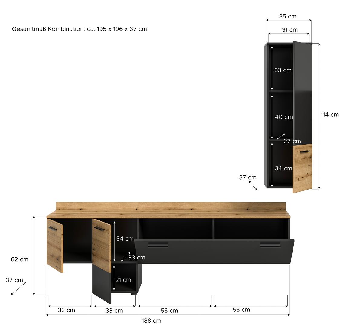 Wohnwand Goal - Eichefarben/Schwarz, Design, Holzwerkstoff (195/196/37cm) - Livetastic