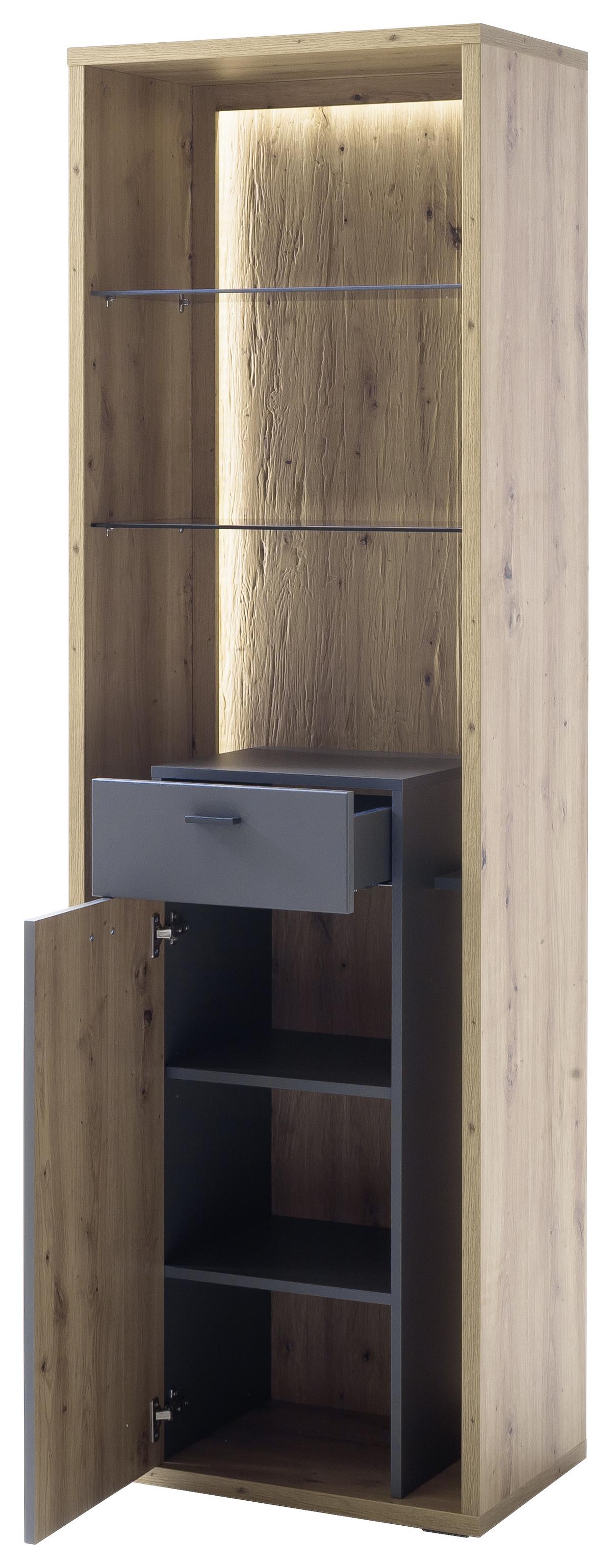 Vitrine Lizzano B: 66 cm Grau/Eichefarben - Eichefarben/Grau, Design, Glas/Holzwerkstoff (66/209/40cm) - MID.YOU