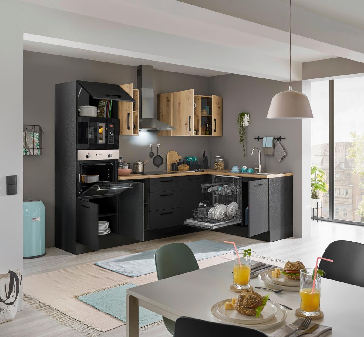 Eckküche Turin Schwarz/Eiche Dekor 280x175 cm - Schwarz/Eiche Artisan, Basics, Holzwerkstoff (280/175cm) - MID.YOU