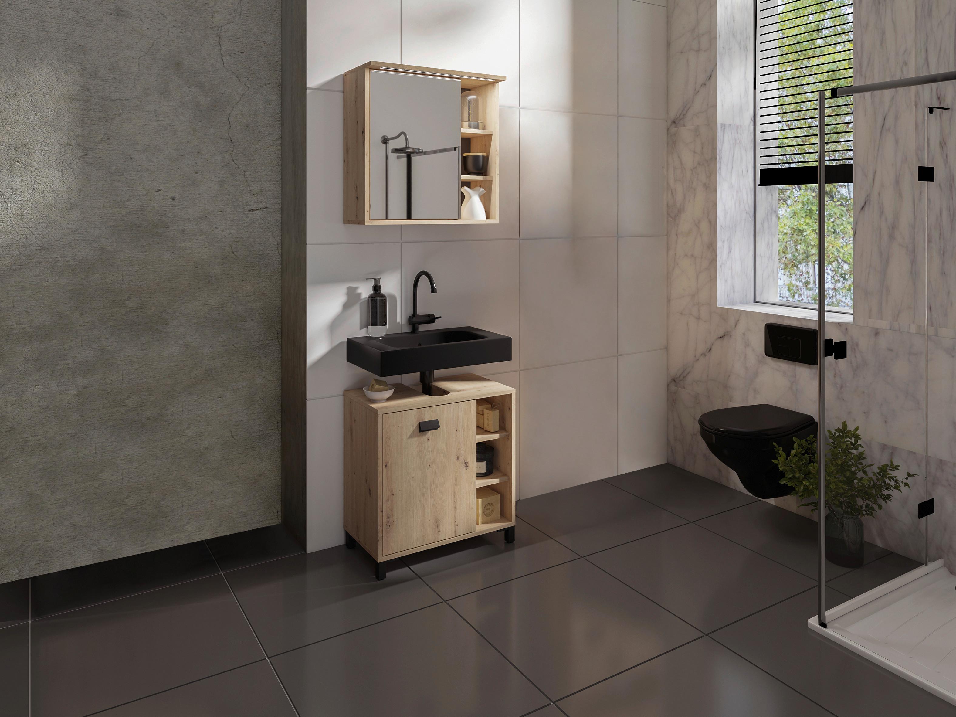 Badezimmer Wellness Eiche Artisan/Schwarz B: 620cm - Schwarz/Eiche Artisan, MODERN, Holzwerkstoff/Kunststoff (60cm) - MID.YOU