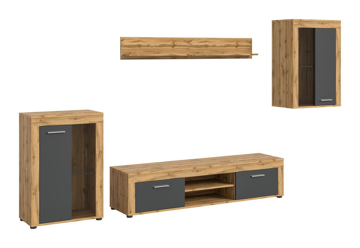 Wohnwand Jam Eiche Wotan Dekor B: 310cm - Eiche Wotan/Schwarz, Design, Glas/Holzwerkstoff (310/169/35cm) - MID.YOU