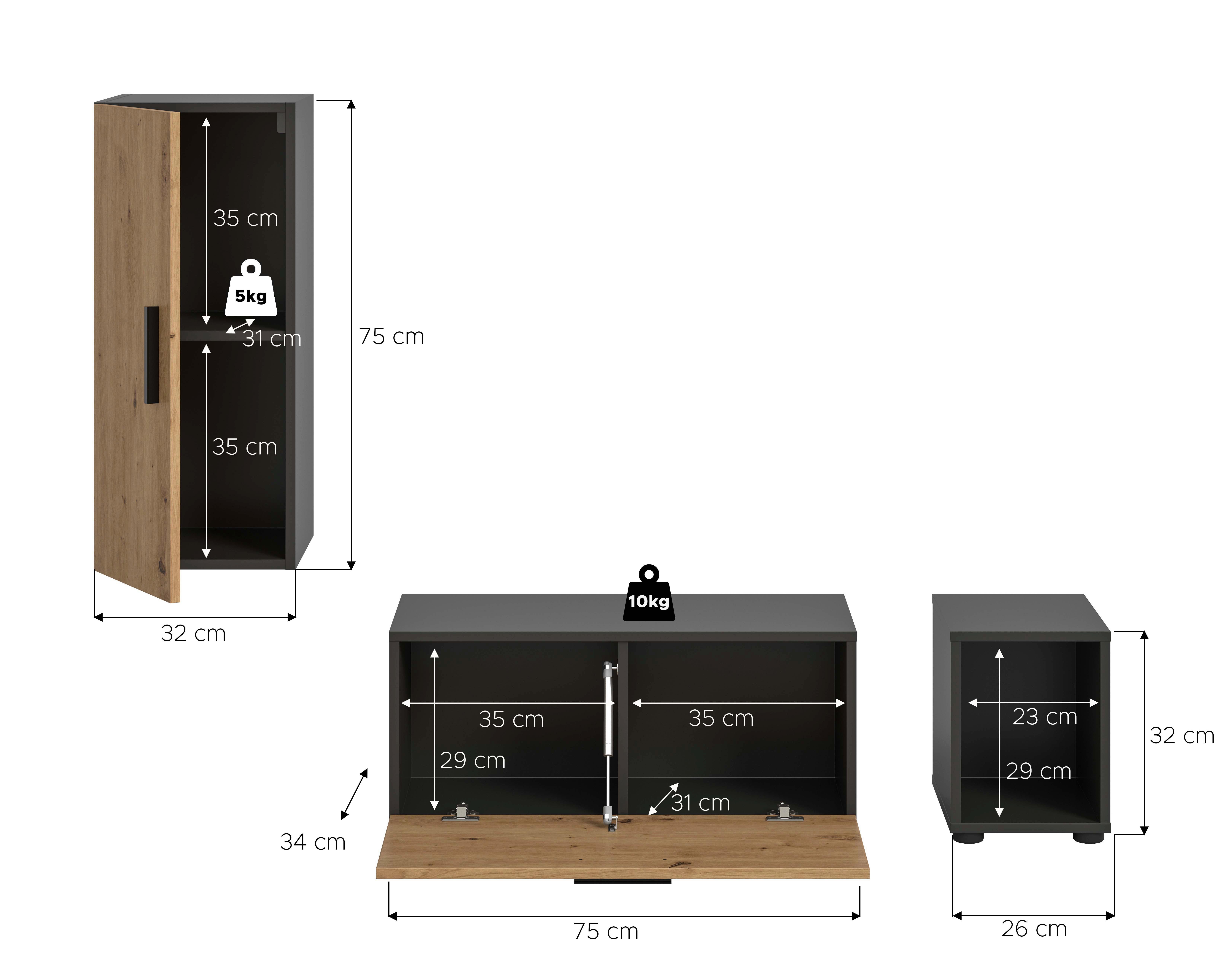 Wohnwand, The One Artisan Eiche Dekor/grau - Schwarz/Eiche Artisan, Trend, Holzwerkstoff (75/32/35/77/33cm)
