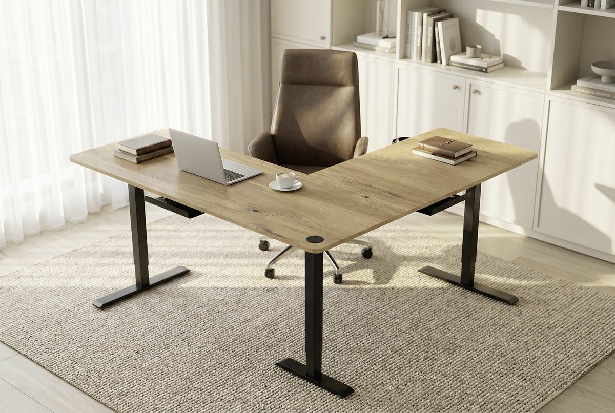 Eckschreibtisch Nimi Schwarz/Eiche L: 160cm - Plankeneiche/Schwarz, MODERN, Holzwerkstoff/Kunststoff (160/160/72-117cm) - Livetastic