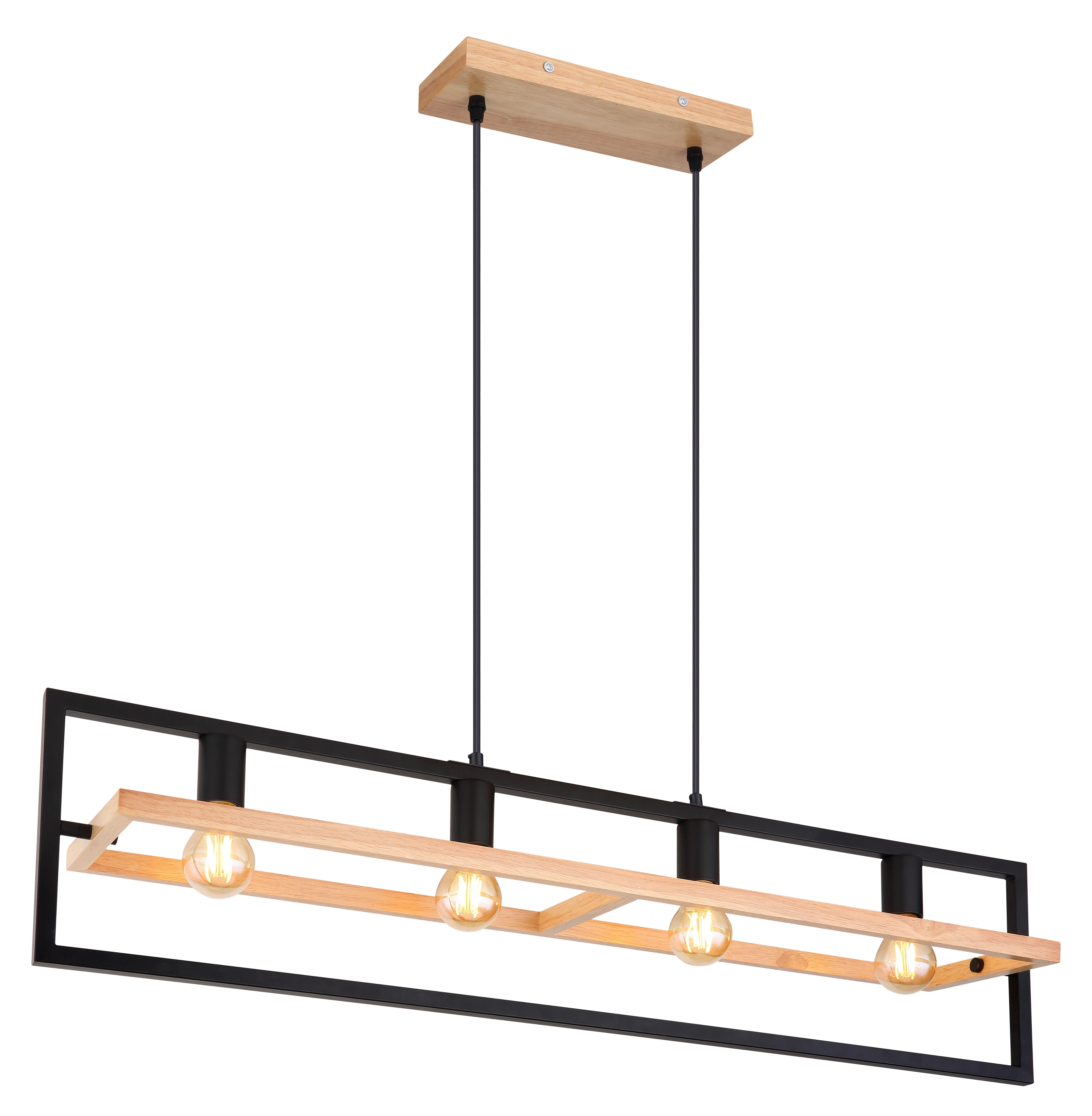 Hängeleuchte H: 150 cm 4-Flammig, drehbar - Schwarz/Braun, Natur, Holz/Metall (98/20/150cm) - Globo