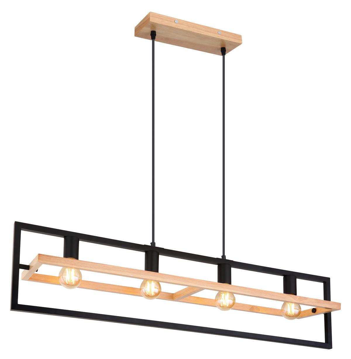 Hängeleuchte H: 150 cm 4-Flammig, drehbar - Schwarz/Braun, Natur, Holz/Metall (98/20/150cm) - Globo