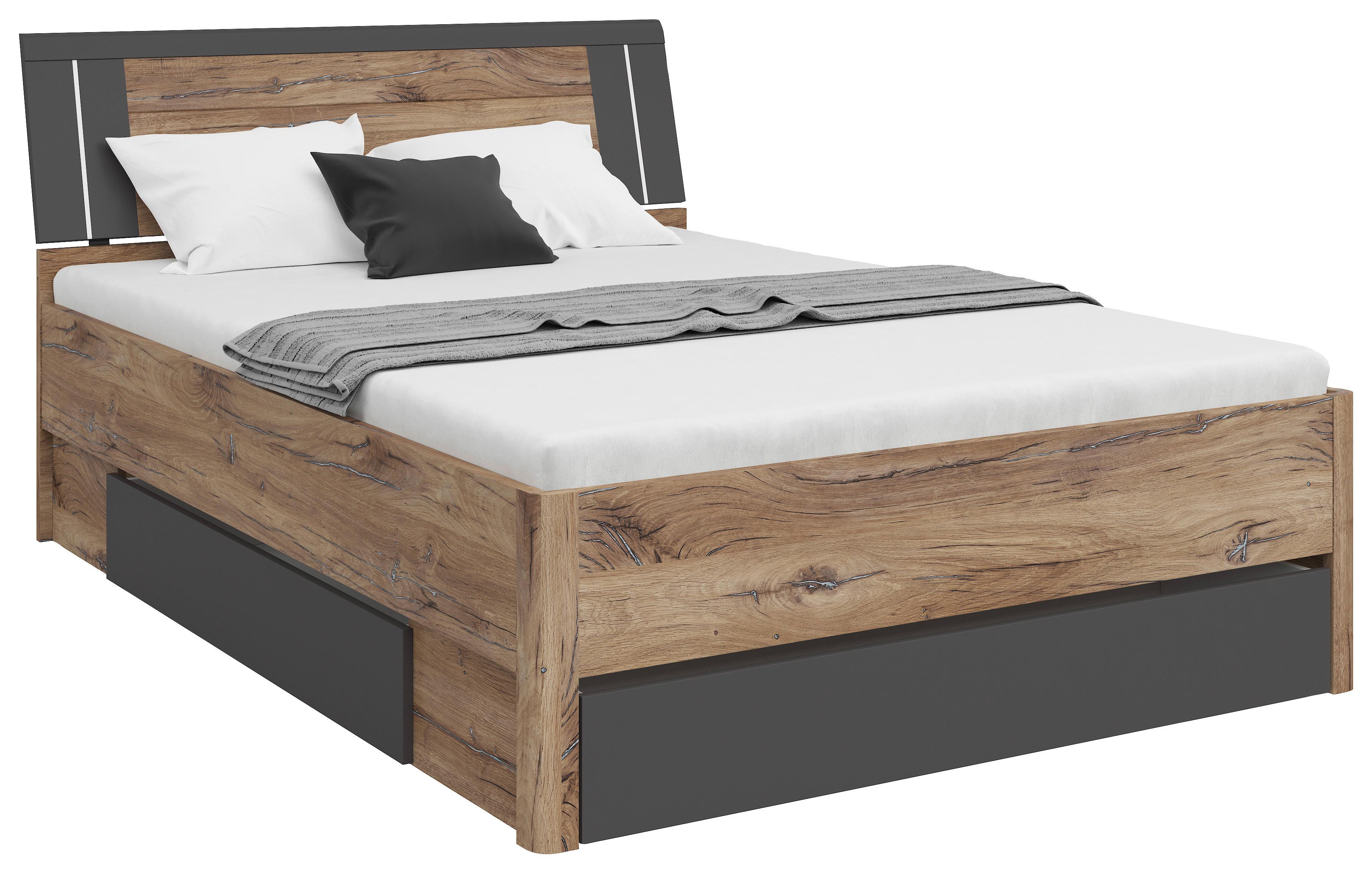 Tárolós Ágy Saturn 140/200 Cm - grafitszürke/tölgyfa színű, Konventionell, faalapú anyag (140/200cm)
