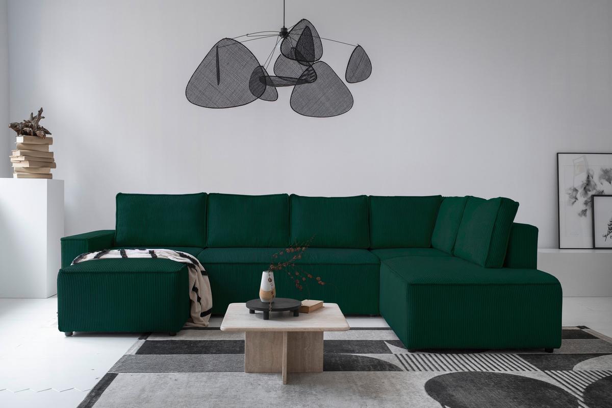 Rohová sedacia súprava OLIVER, tmavozelená, menčester, pravá - čierna/tmavozelená, Design, drevo/textil (89/322/194cm)