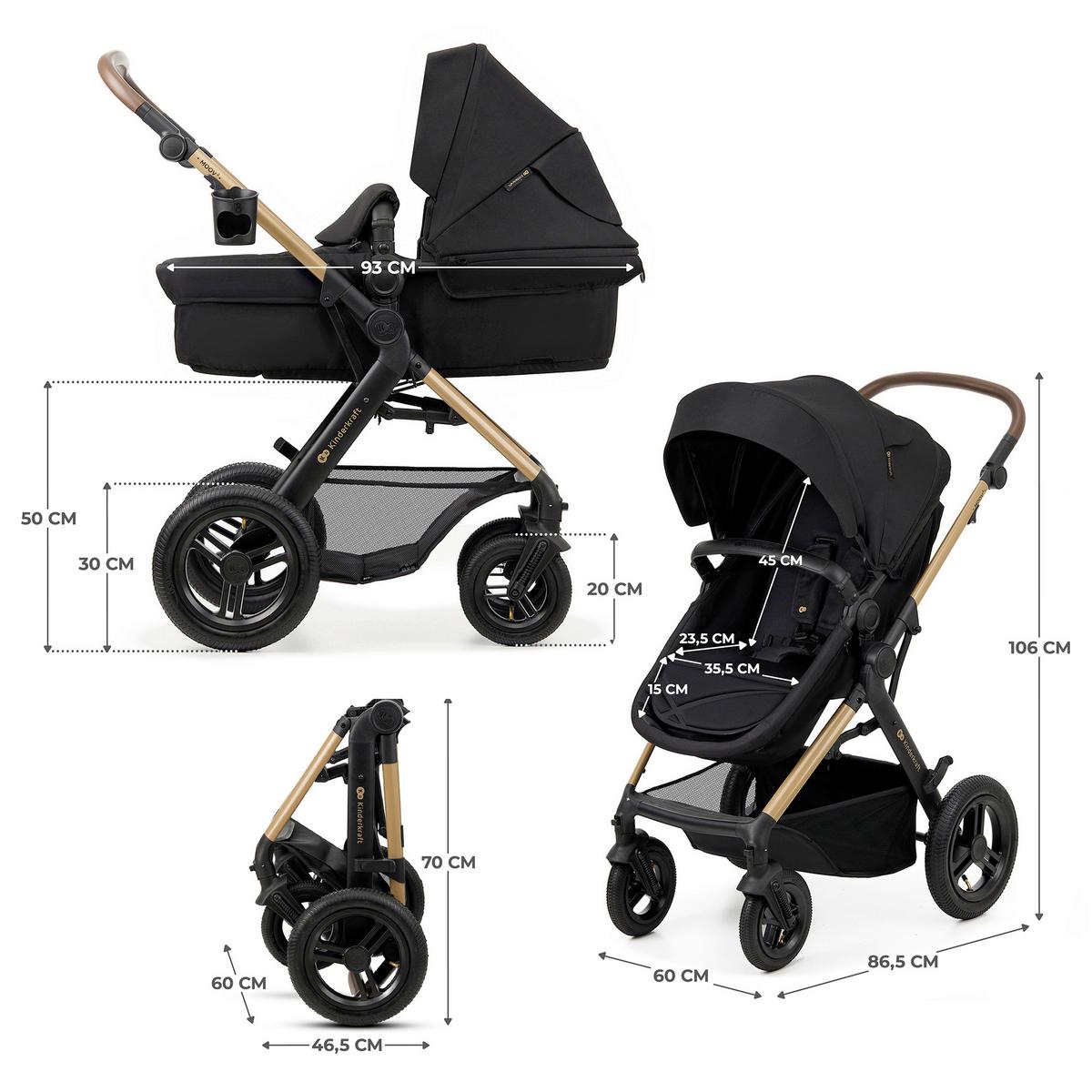 Kinderwagenset schwarz/gold 7tlg. - Goldfarben/Schwarz, Basics, Textil/Metall (86,5/60/106cm) - Kinderkraft