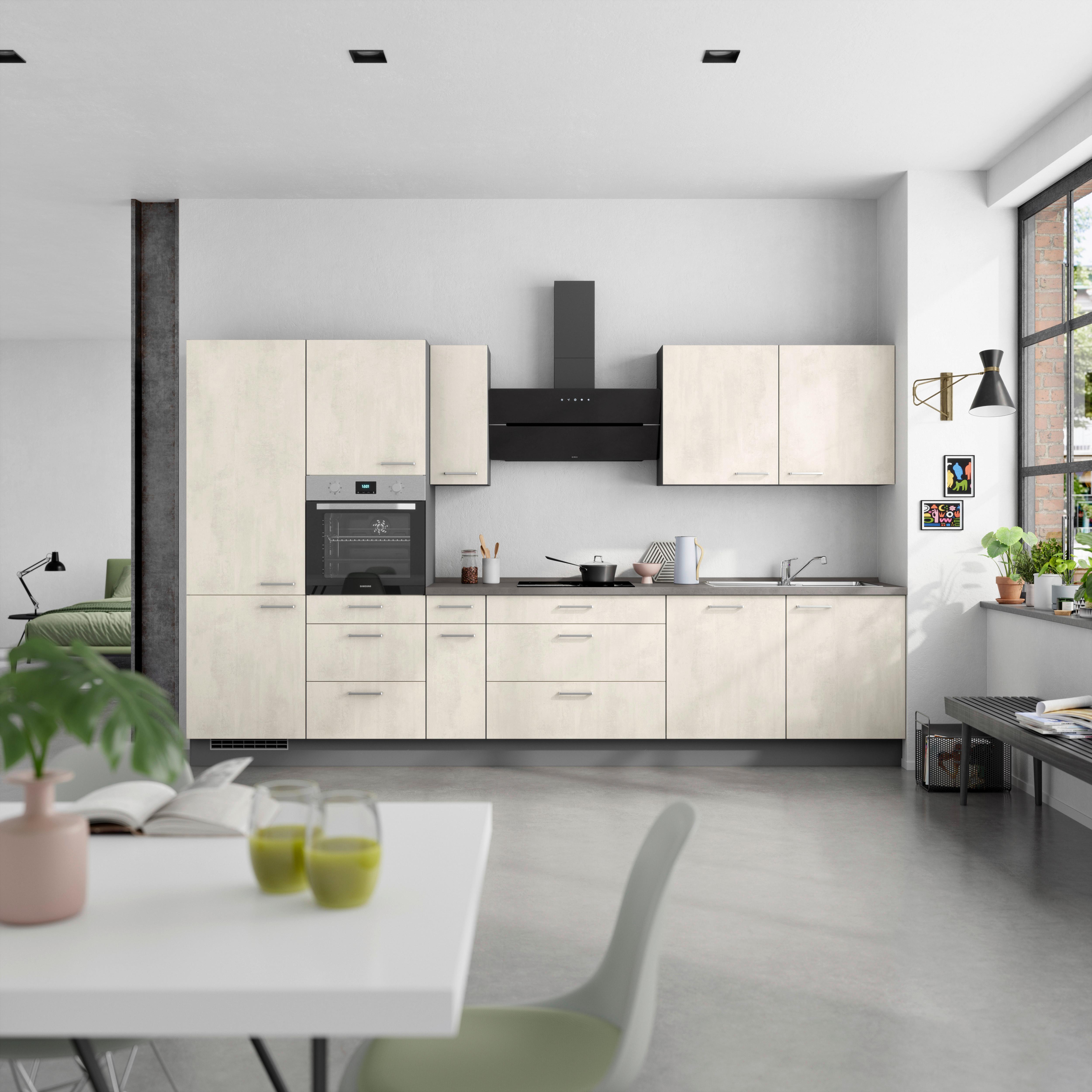 Kuchynská linka 360 cm, biely beton/bridlicová šedá - biela/farba ušľachtilej ocele, Modern, kov/kompozitné drevo (360cm) - Nobilia