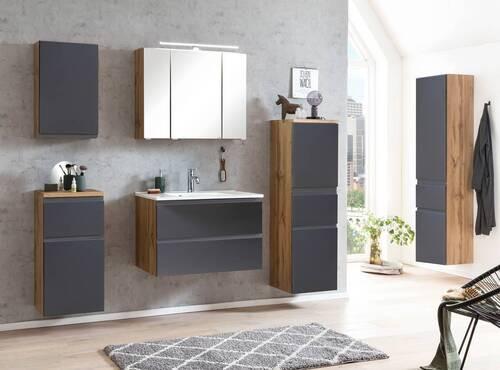Waschbecken mit Unterschrank Varese B: 80 cm Grau/Eiche - Eiche Wotan/Weiß, MODERN, Holzwerkstoff/Stein (80cm) - Held