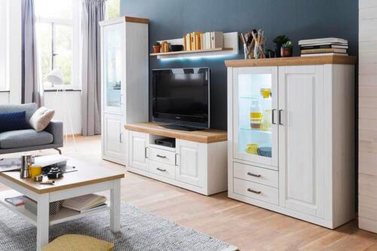 Highboard B: 118 cm Brixen Eiche/Pinie Dekor - Eichefarben/Schwarz, LIFESTYLE, Glas/Holzwerkstoff (118/142/40cm) - Livetastic
