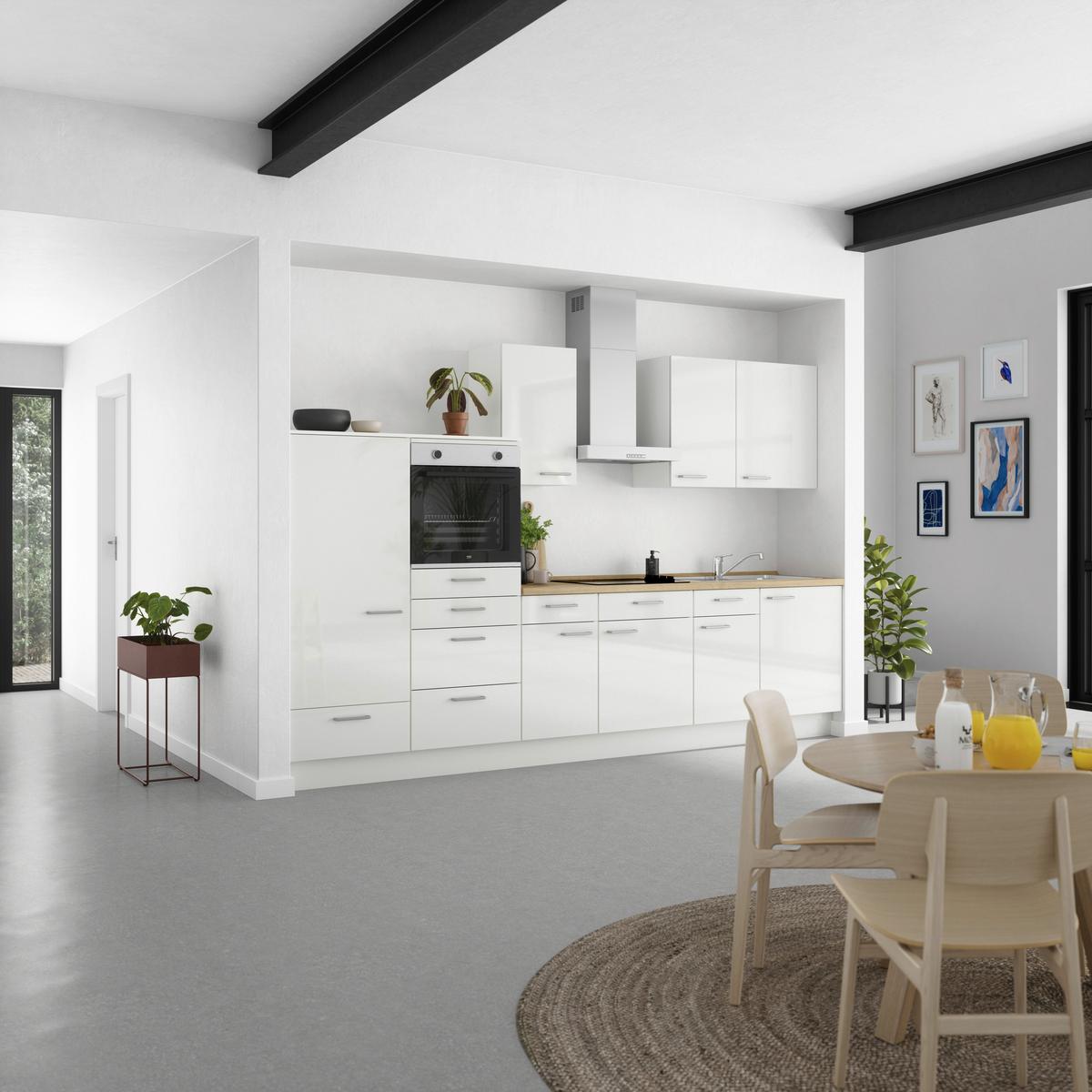 Kuchyňská linka 330 cm, alpská bílá vysoký lesk - barvy dubu/vysoce lesklá bílá, Moderní, kov/kompozitní dřevo (330cm) - Nobilia