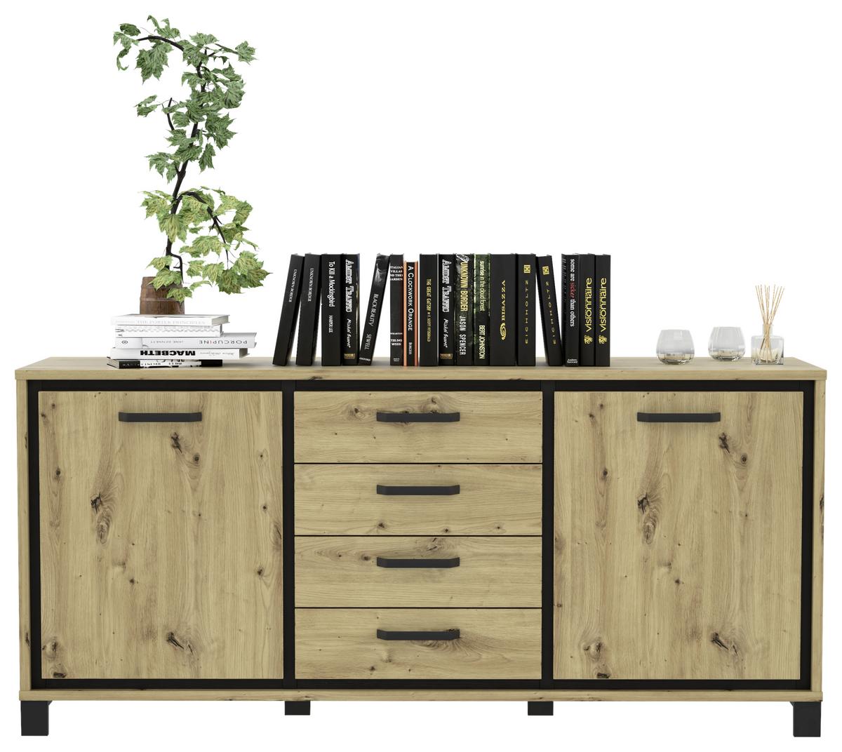 Sideboard B: 178 cm Trondheim, Eiche Dekor/Schwarz - Eichefarben/Schwarz, Basics, Holzwerkstoff/Kunststoff (178.4cm) - Livetastic