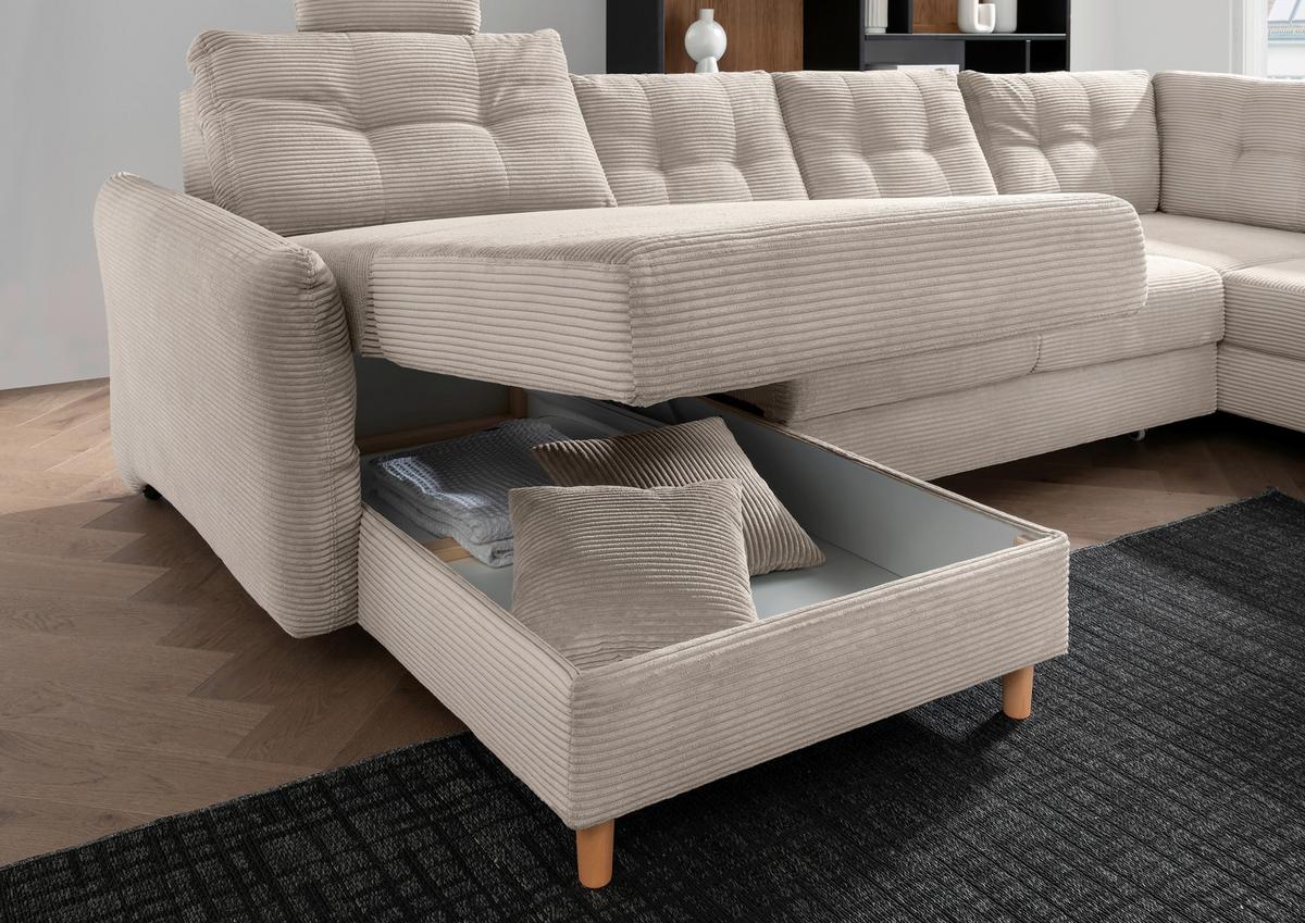 Wohnlandschaft Brizzini mit Schlaffunktion, Beige - Beige/Naturfarben, MODERN, Textil (176/338-352/206cm) - Livetastic