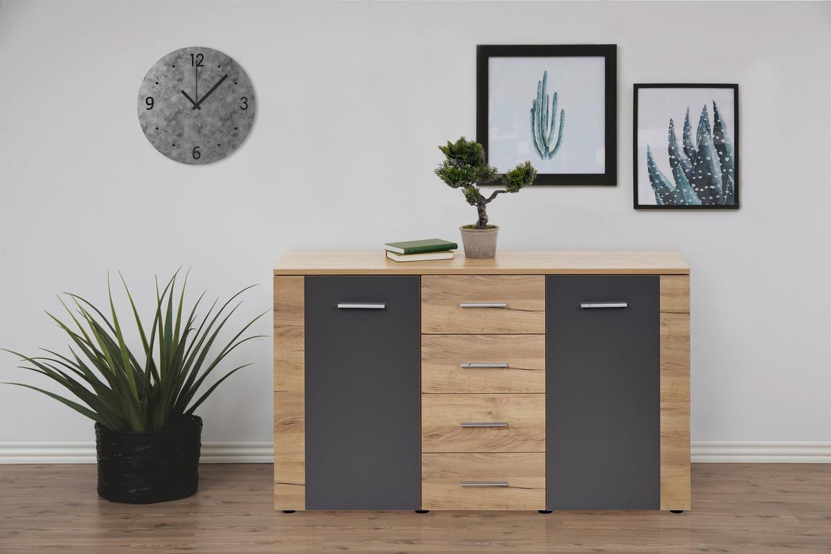 Komód Uno 140/80 Cm - tölgyfa színű/szürke, Modern, faalapú anyag (140/80/40cm)